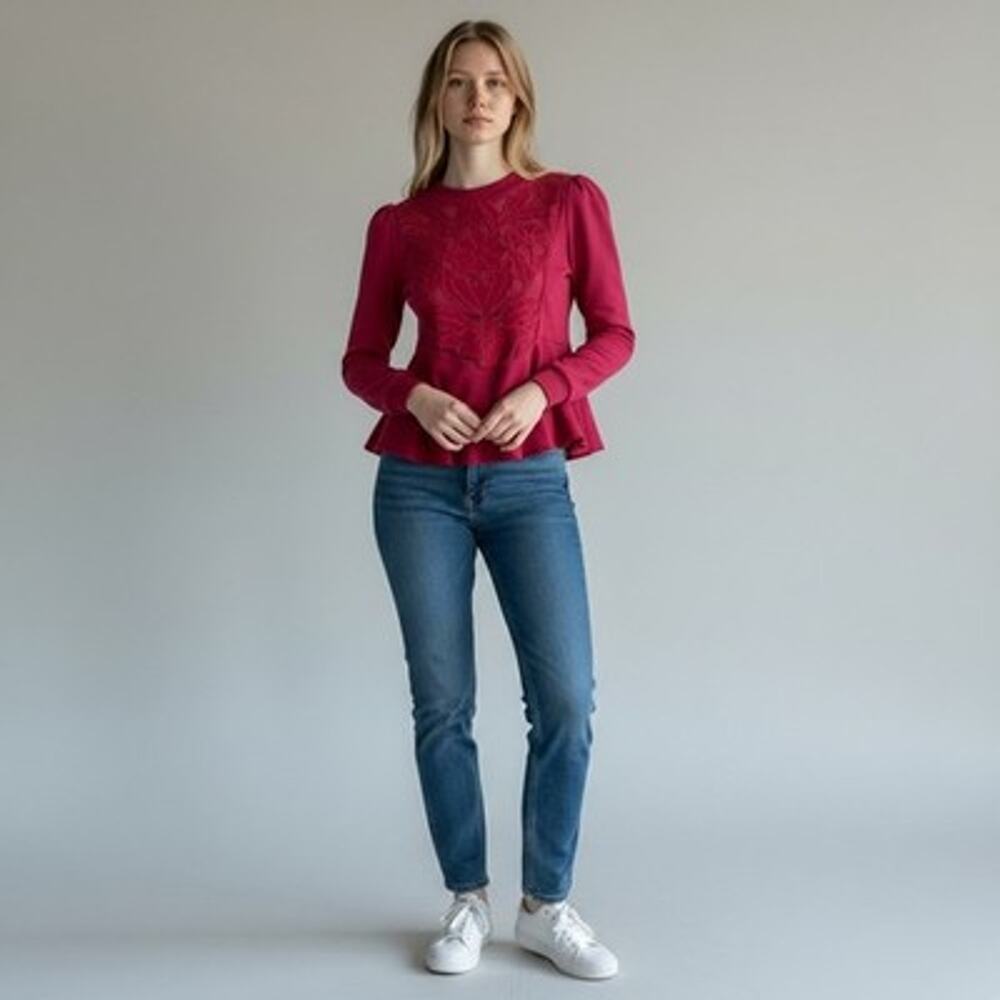 Anthropologie Cutwork Tulle French Terry Swing Peplum Top Blouse Raspberry XL